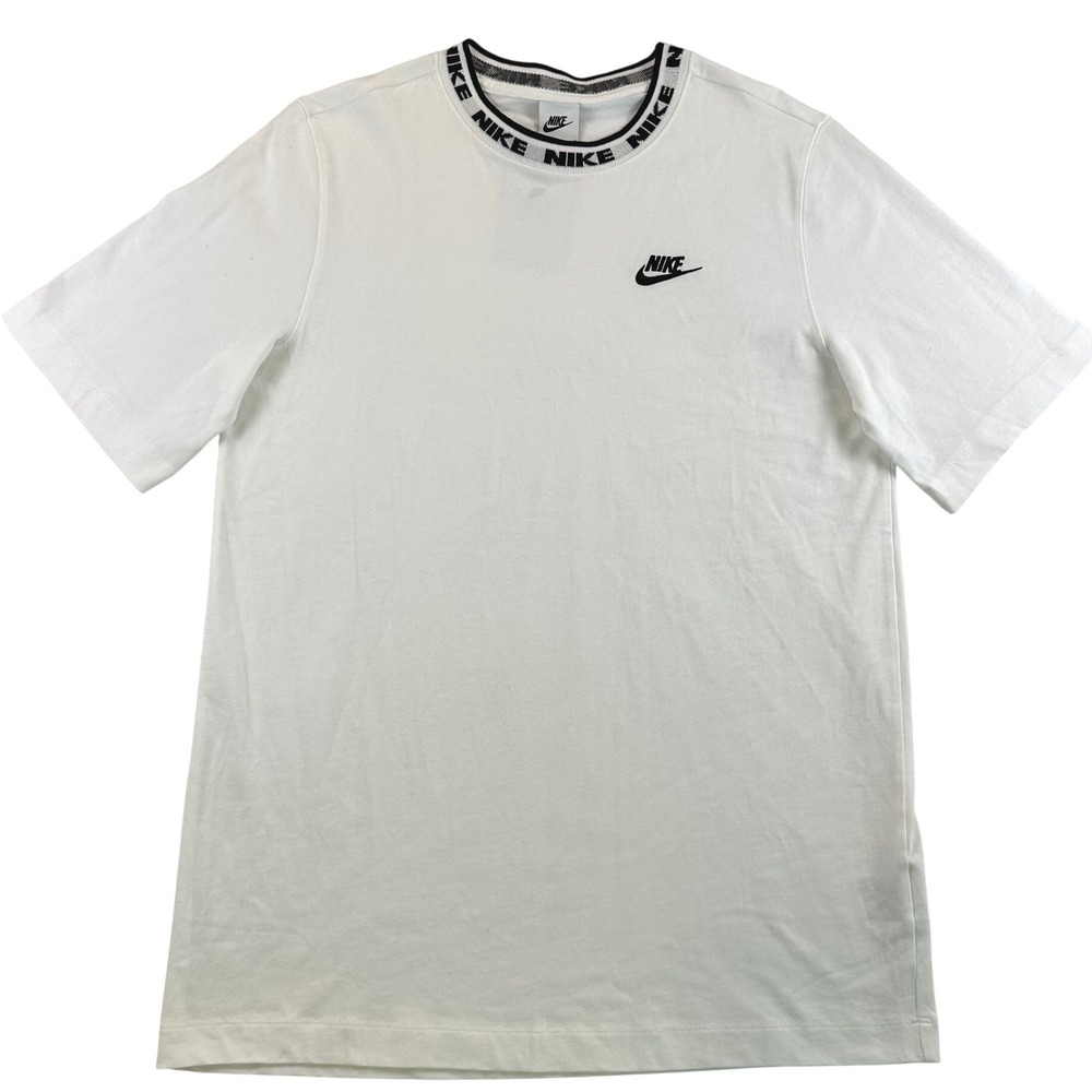 Nike Mens Sportswear Branded Neck T-Shirt White Black Medium NEW Swoosh Logo